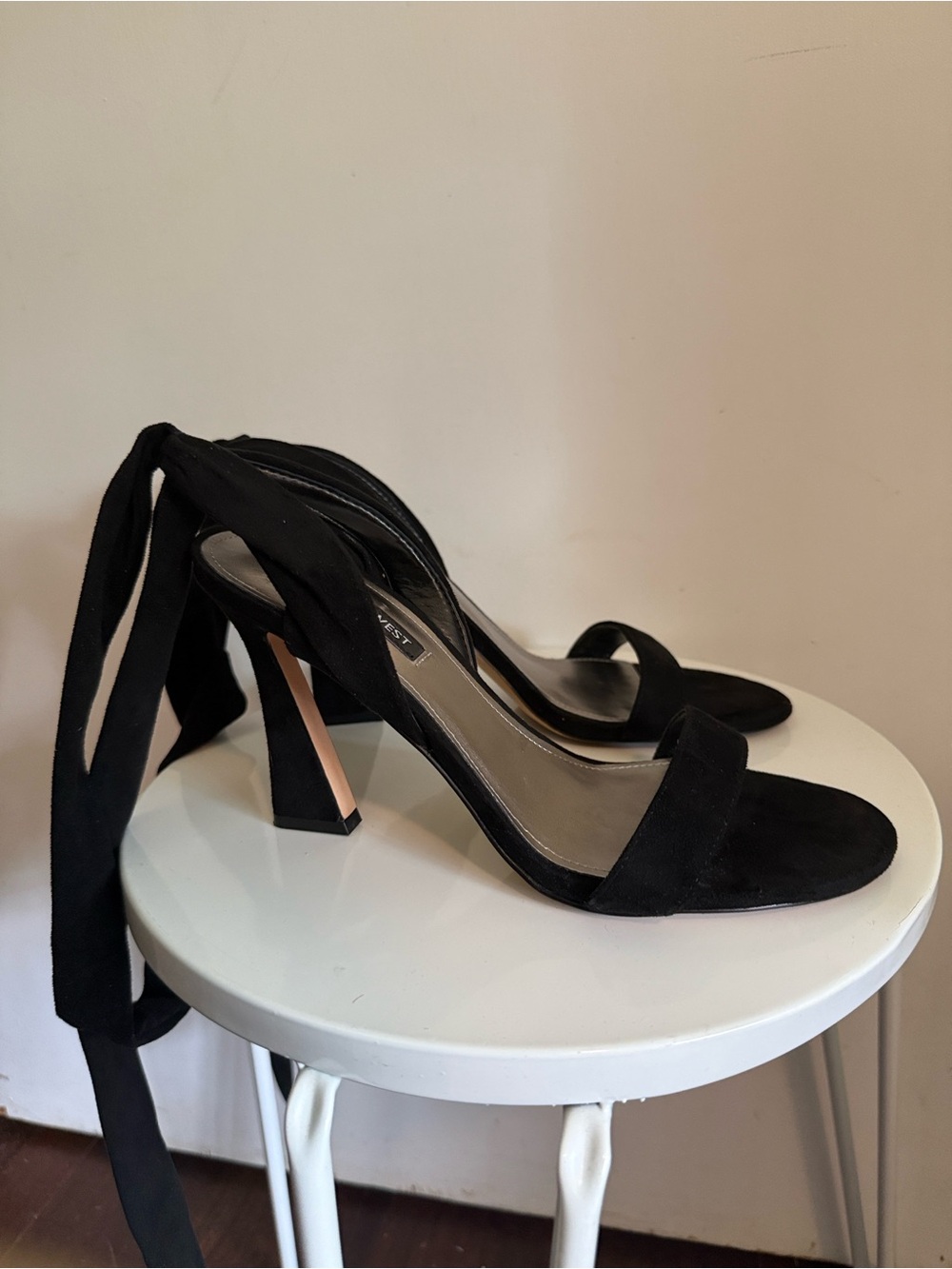 Nine West Black Ankle-Tie Block Heel Sandals